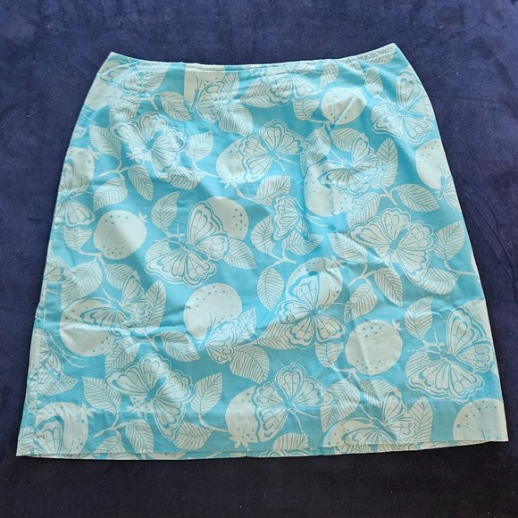 (EUC) Lilly Pulitzer Turquoise Blue Butterfly & Fruit Print A Line Size 6 - Picture 1 of 7